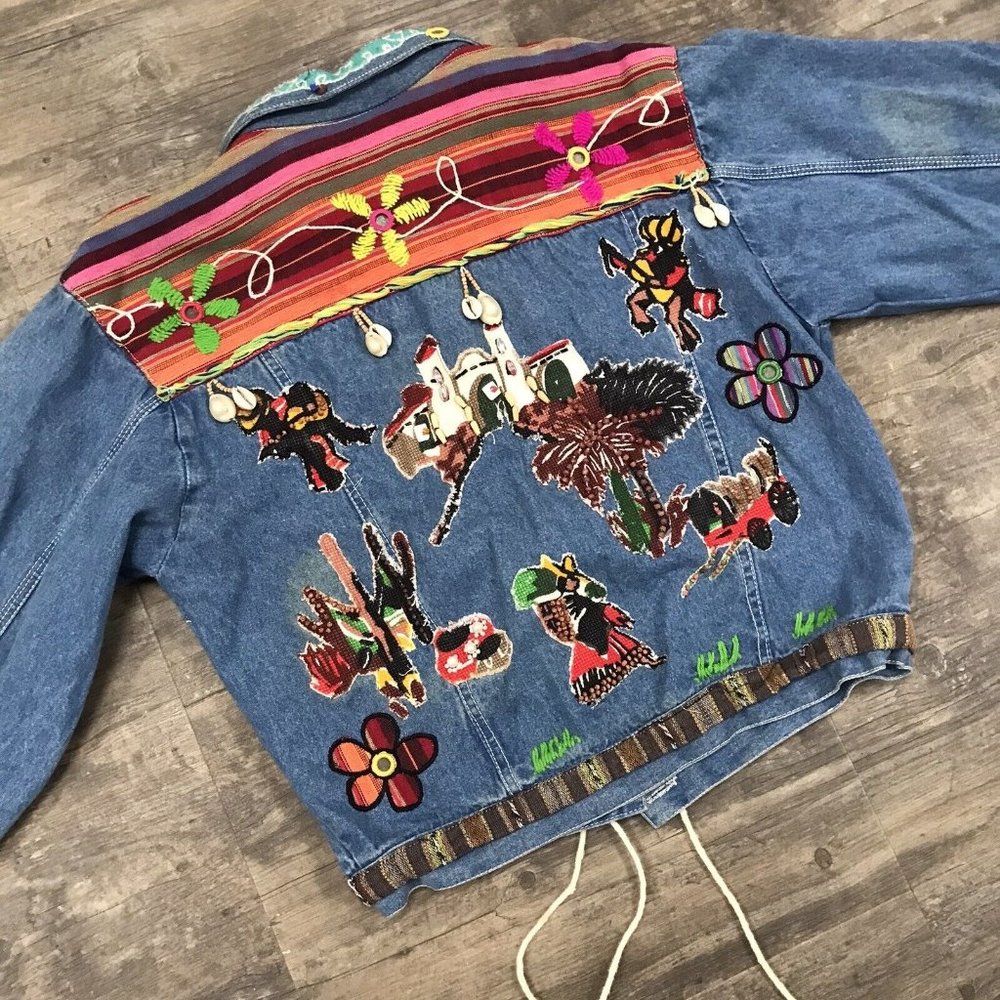 Joujou Denim Jacket Women Size Medium Tribal Aztec/ Southwestern Beads Sea Shell